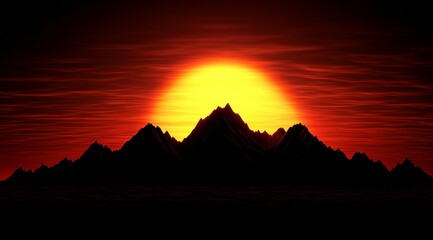 Fiery Sunset over Silhouetted Mountain Range Dramatic Landscape