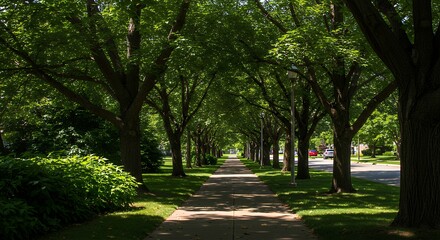 Walking Path Shaded by Green Trees in Residential Area