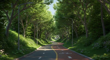 Winding Road Through Green Forest with Bike Lane and Street Lights