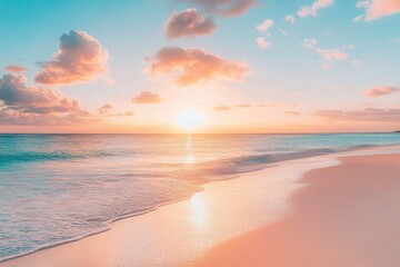Fototapeta premium Dreamy Beach Sunset with Pink Sand, Turquoise Sea, and Warm Clouds over Horizon
