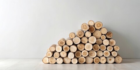 A neatly stacked pile of light-colored wood rounds against a minimalist backdrop.