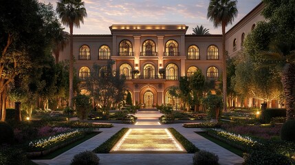 Opulent palace hotel with towering arched windows gilded details and lush gardens illuminated by warm golden hour lighting frontal symmetrical perspective.  