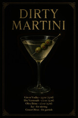 Dirty Martini cocktail with three green olives on a cocktail pick in a classic martini glass. Vintage dark background cocktail poster. Classic alcoholic drink. Moody dark chic luxury style