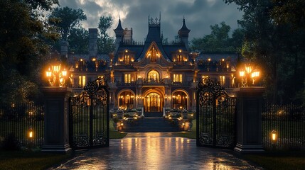 Naklejka premium Ornate castle-like mansion with majestic archways, high towers, and decorative wrought-iron gates illuminated by soft ambient lighting wide-angle frontal view. 