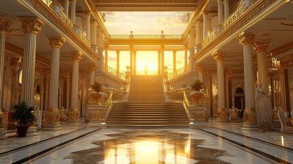 Naklejka premium Ornate royal hotel showcasing opulent gold trim marble pillars and sweeping staircases bathed in warm sunset glow frontal perspective. 