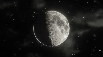 Fototapeta premium The illuminated portion of the moon surrounded by numerous stars