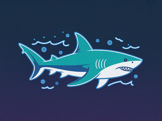 Naklejka premium Stylized teal and white shark swims near the surface amidst bubbles on deep blue