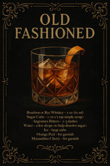 Old Fashioned cocktail with large ice cubes and orange peel garnish in a cut crystal glass. Vintage dark background cocktail recipe illustration. Moody dark chic luxury style