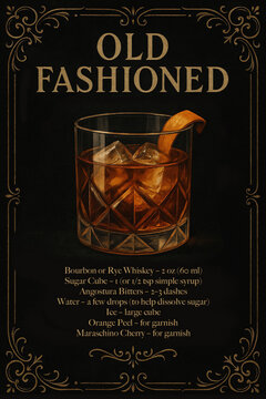 Old Fashioned cocktail with large ice cubes and orange peel garnish in a cut crystal glass. Vintage dark background cocktail recipe illustration. Moody dark chic luxury style