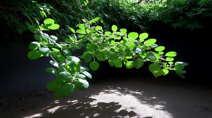 Naklejka premium Sunlit Green Leaves with Ivy Wall, and Summer Garden.