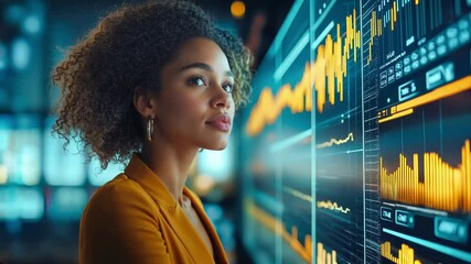Professional businesswoman with curly hair in yellow blazer analyzing financial data on digital screen. Market charts and graphs with blue and visualization. Fintech executive studying statistics - Powered by Adobe