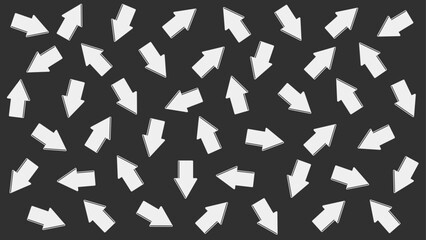 Multiple white arrows pointing in various directions scattered across a solid black background