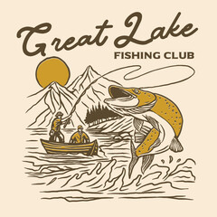 Fototapeta premium A vintage-style illustration of two anglers in a boat on a lake with a jumping fish and mountain backdrop, capturing the classic fishing adventure atmosphere.