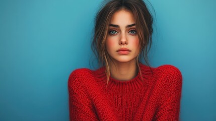 Fototapeta premium Young caucasian female in red sweater against blue background