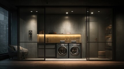 Modern Laundry Room with Glass Walls and Dark Concrete Interior