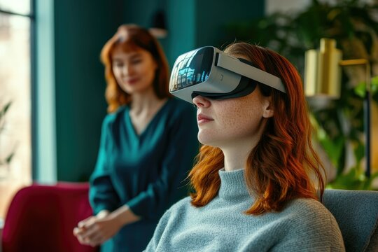 A young woman with red hair uses a VR headset while another woman looks on, possibly in a therapy session. - Powered by Adobe