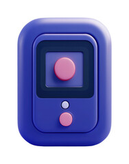 Retro-inspired rectangular purple device with central pink button, cut out - stock png.