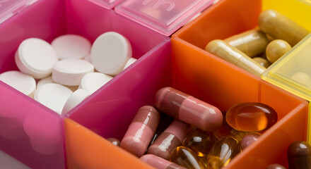Assorted Medication Capsules and Pills Sorted in a Colorful Pill Organizer for Daily Health and Wellness