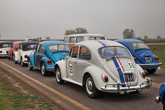 A line of vintage Volkswagen Type 1 Beetles seen from the rear at a classic car rally. In the foreground a car with the iconic Herbie livery from the Disney movies. November 4, 2018 in Lugo, RA, Italy