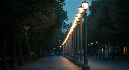Illuminated Street Lamps Lining Empty Path at Dusk