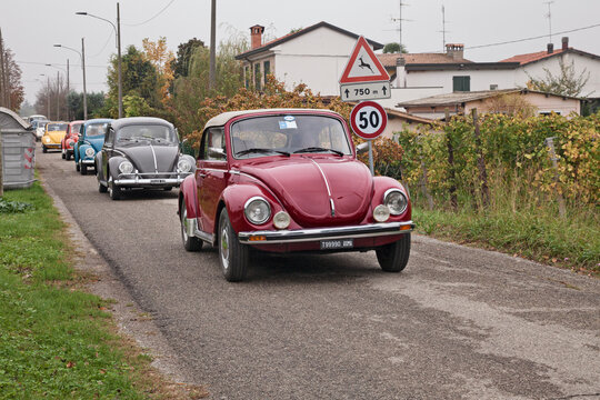 A line of vintage Volkswagen Type 1 Beetle at a classic car rally, with a 1978 convertible model in the foreground. November 4, 2018 in Lugo, RA, Italy