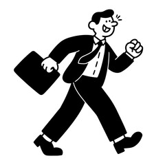 A happy businessman strides confidently, briefcase in hand, his fist clenched in victory.  A simple black and white vector illustration.