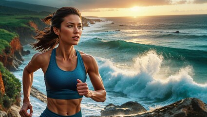 Young Asian woman runner enjoys a scenic coastal workout at sunset. Ocean waves crash against the rocks as she runs.