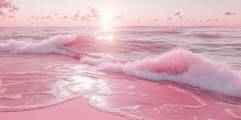 Fototapeta premium Pink beach with pink waves, a pink sky, a pink sea, pink sand, a pink background