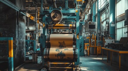 Industrial machinery rolling sheet material inside a factory setting