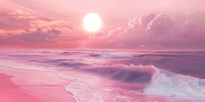Pink beach with pink waves, pink sky, pink sea, pink sand, pink sun in the background, pink dreamy style