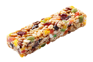 Colorful nut and fruit granola bar on transparent background