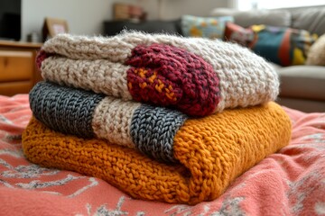 Warm Cozy Knitted Sweaters Stacked on Bed Autumn Winter Fashion Textures