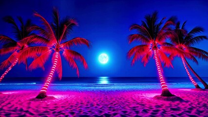 Neon pink palm trees illuminated on tropical beach with full moon over blue ocean horizon. Vibrant night seascape with fluorescent glow on sand and waves surreal aesthetic. Synthwave dreamscape - Powered by Adobe