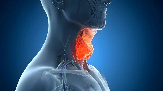 Thyroid Gland Anatomy &ndash; Medical Illustration of Human Neck with Muscles, Nerves and Blood Vessels