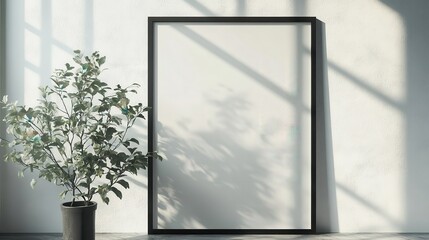 Fototapeta premium Minimalist interior with black framed empty canvas and potted plant in sunlit setting