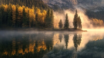 Fototapeta premium Beautiful forest lake with reflections in a misty morning setting