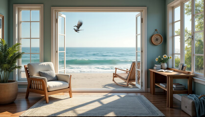 Serene Beach View from a Cozy Living Room