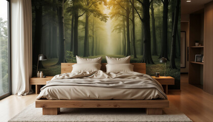 Serene Bedroom with Forest Mural