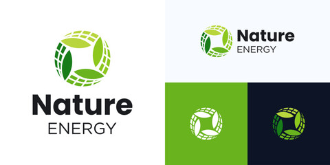 Eco natural electric logo design vector, development photovoltaic and wind power system, leaves and solar panel for innovative technology or environmental nature, sustainability for renewable energy