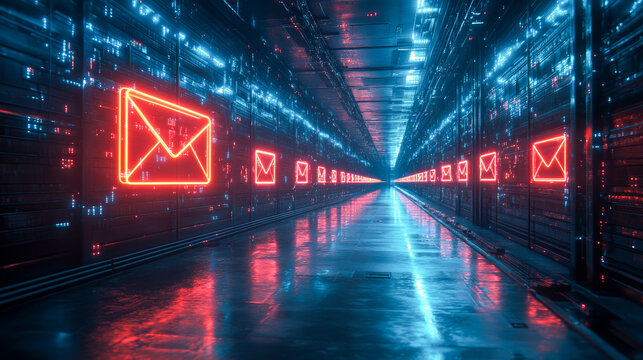 Neon email icons glowing in a high-tech data center corridor  