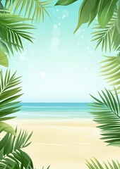 Fototapeta premium White frame background, beach with sand and palm leaves, tropical summer vibe, bokeh sea and sky in the background
