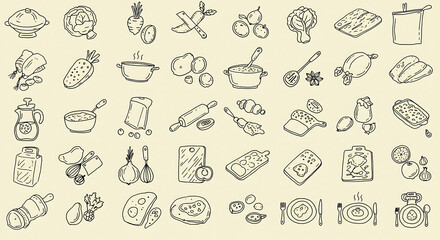 Set of hand-drawn cooking icons including ingredients, utensils, and food preparation steps, ideal for recipe websites or cookbooks, in a clean vector style