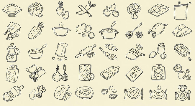 Set of hand-drawn cooking icons including ingredients, utensils, and food preparation steps, ideal for recipe websites or cookbooks, in a clean vector style
