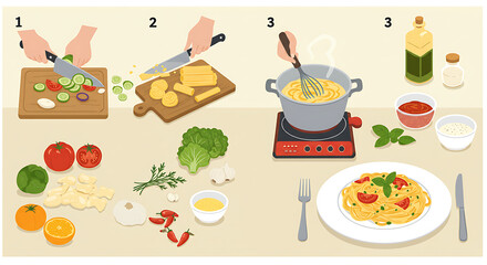 Step-by-step illustrated recipe infographic showing how to make a classic Italian pasta dish, with numbered visual steps and minimal text, in a flat vector style