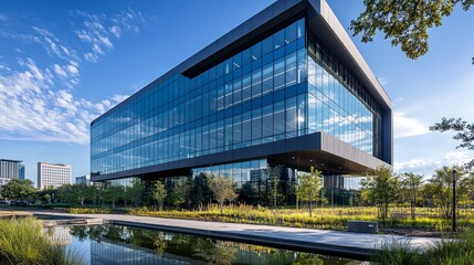 Reflective glass panels on a modern office building urban skyline mirrored in high-tech facade clean sharp urban elements.  