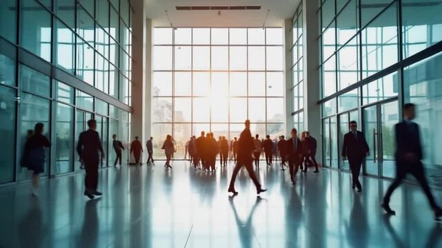 Rush business people crowd walking in large office, modern architecture lobby with big windows, fast moving with blurry long exposure shot.