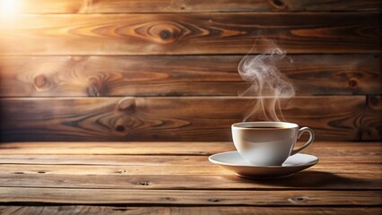 Aromatic Coffee Steam Rising from a White Mug on Rustic Wooden Table