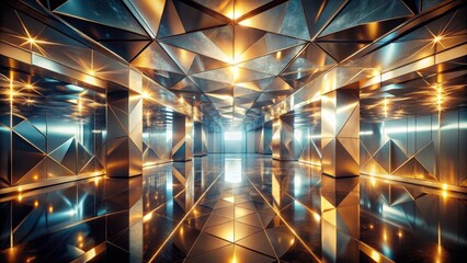 Luxurious Geometric Hallway with Golden and Steel Accents and Reflective Floor