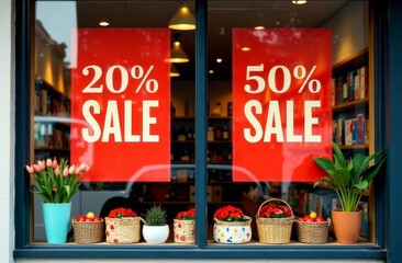 Red sale signs in a shop window. Discount signs for fashion clothes sale. 50% off.