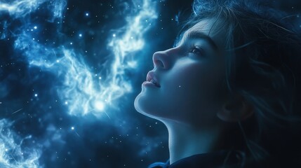 A young woman gazes into the cosmos, surrounded by swirling blue light, capturing the beauty of universe and dreams.
